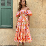 Floral Print Off Shoulder Puff Sleeve Tiered Maxi Dress