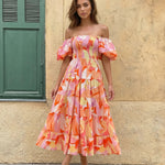 Floral Print Off Shoulder Puff Sleeve Tiered Maxi Dress