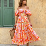 Floral Print Off Shoulder Puff Sleeve Tiered Maxi Dress