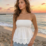 White Smocked Strapless Eyelet Trim Tube Top