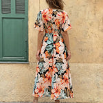 Floral Print V-Neck Batwing Sleeve High Slit Maxi Dress