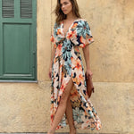 Floral Print V-Neck Batwing Sleeve High Slit Maxi Dress