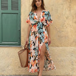 Floral Print V-Neck Batwing Sleeve High Slit Maxi Dress