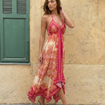 Floral Print Halter Neck Open Back Asymmetric Hem Midi Dress