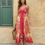 Floral Print Halter Neck Open Back Asymmetric Hem Midi Dress