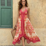 Floral Print Halter Neck Open Back Asymmetric Hem Midi Dress