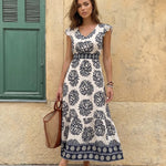 Blue Floral Print V-Neck Ruffle Sleeve Tiered Maxi Dress