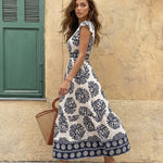 Blue Floral Print V-Neck Ruffle Sleeve Tiered Maxi Dress