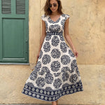 Blue Floral Print V-Neck Ruffle Sleeve Tiered Maxi Dress