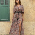 Paisley Print V-Neck Lantern Sleeve Smocked Waist Maxi Dress