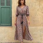 Paisley Print V-Neck Lantern Sleeve Smocked Waist Maxi Dress