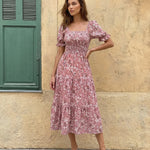 Floral Print Square Neck Puff Sleeve Tiered Midi Dress