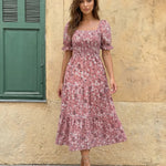 Floral Print Square Neck Puff Sleeve Tiered Midi Dress