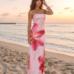 Pink Orchid Print Strapless Satin Maxi Dress