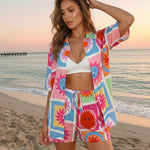Multicolor Sun Print Button Down Shirt Shorts Set