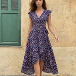 Floral Print Wrap V-Neck Ruffle Sleeve Asymmetric Hem Maxi Dress