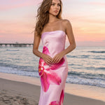 Pink Orchid Print Strapless Satin Maxi Dress