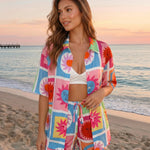 Multicolor Sun Print Button Down Shirt Shorts Set