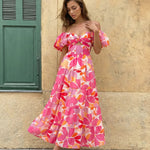 Floral Print Off Shoulder Puff Sleeve Cutout Tiered Maxi Dress