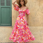 Floral Print Off Shoulder Puff Sleeve Cutout Tiered Maxi Dress