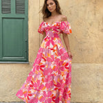 Floral Print Off Shoulder Puff Sleeve Cutout Tiered Maxi Dress