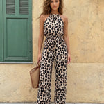 Leopard Print Halter Neck High Waist Wide Leg Jumpsuit