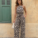 Leopard Print Halter Neck High Waist Wide Leg Jumpsuit