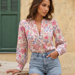 Floral Print Stand Collar Long Sleeve Button Down Blouse