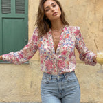 Floral Print Stand Collar Long Sleeve Button Down Blouse