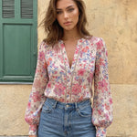 Floral Print Stand Collar Long Sleeve Button Down Blouse