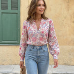 Floral Print Stand Collar Long Sleeve Button Down Blouse