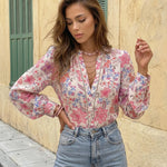 Floral Print Stand Collar Long Sleeve Button Down Blouse