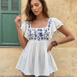 White Square Neck Ruffle Sleeve Peplum Blouse