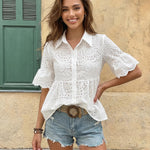 White Eyelet Embroidery Flare Sleeve Peplum Blouse