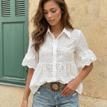 White Eyelet Embroidery Flare Sleeve Peplum Blouse