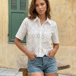 White Eyelet Embroidered Short Sleeve Button Down Blouse