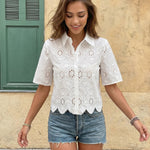 White Eyelet Embroidered Short Sleeve Button Down Blouse