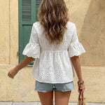 White Eyelet Embroidery Flare Sleeve Peplum Blouse
