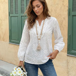 White Floral Embroidered V-Neck Flare Sleeve Blouse