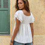 White Square Neck Ruffle Sleeve Peplum Blouse
