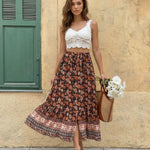 Floral Print Drawstring Waist Split Hem A-Line Maxi Skirt