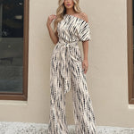 Beige Printed One-Shoulder Belted Wide Leg Jumpsuit