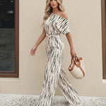 Beige Printed One-Shoulder Belted Wide Leg Jumpsuit