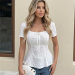 White Eyelet Embroidered Square Neck Bow Tie Peplum Blouse