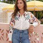 Floral Embroidered Long Sleeve Loose Fit Button Down Blouse
