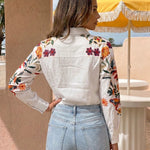 Floral Embroidered Long Sleeve Loose Fit Button Down Blouse