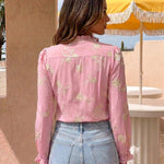 Pink Floral Embroidered Ruffle Collar Long Sleeve Blouse