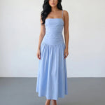 Light Blue Ruched Spaghetti Strap Midi Dress