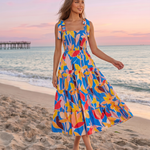 Blue Abstract Floral Print Tiered Midi Dress