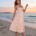 Pink Floral Print Halter Neck Corset Midi Dress